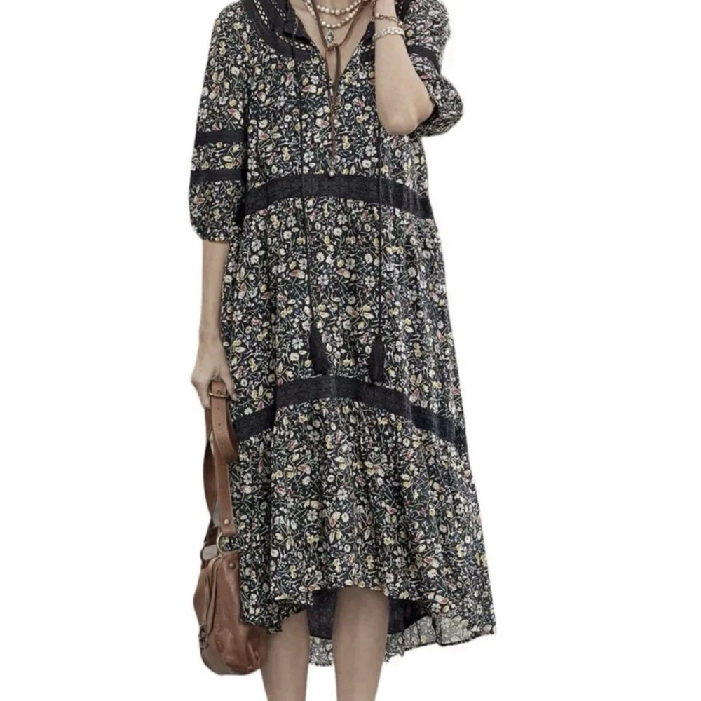 Sundance Women's Isadora Blooms Prairie Black Cotton Tiered Dress Size M